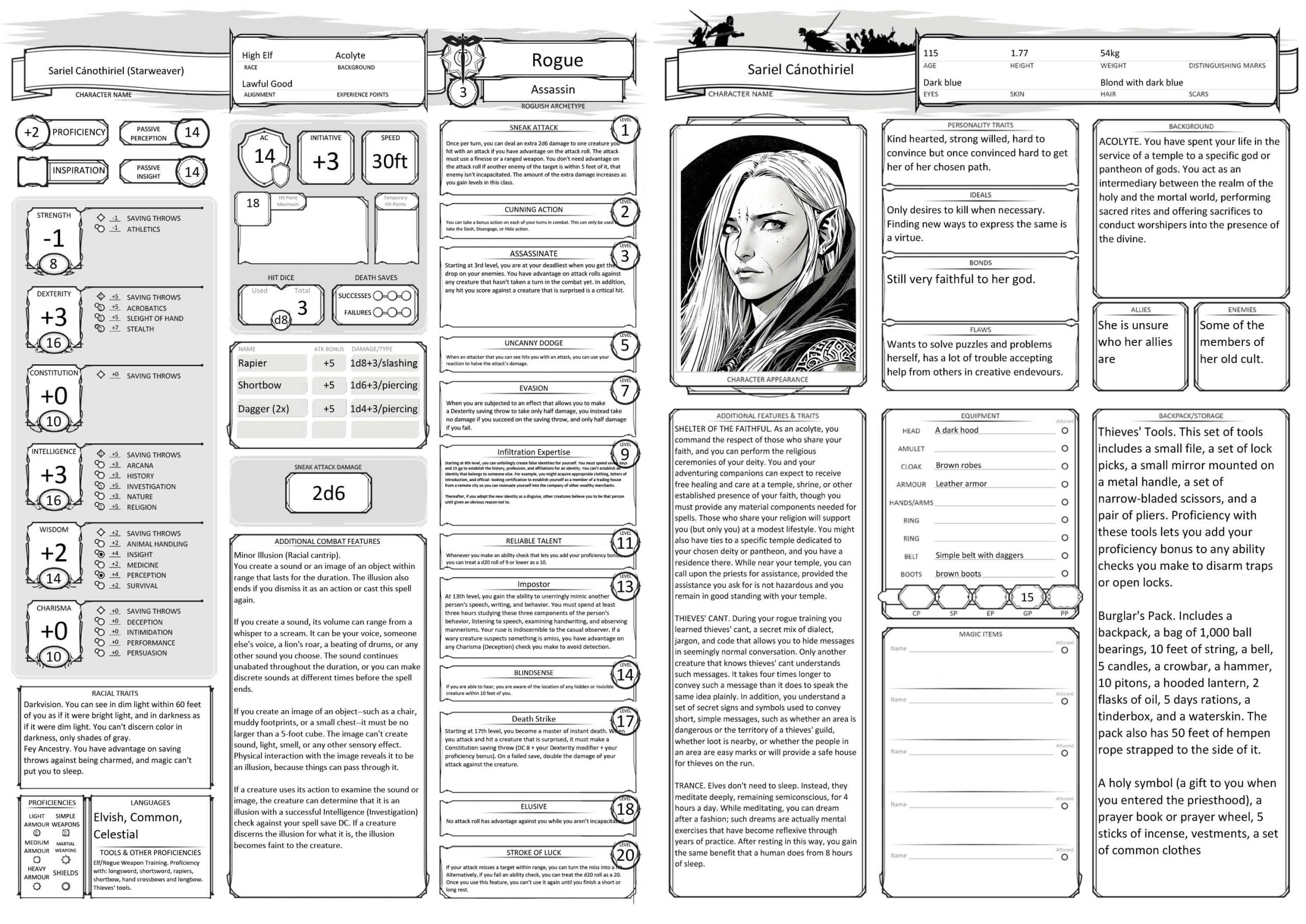 Dungeons & Dragons character sheet example for a rogue elf adventurer