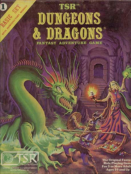 Vintage Dungeons & Dragons Basic Set cover with adventurers fighting a green dragon