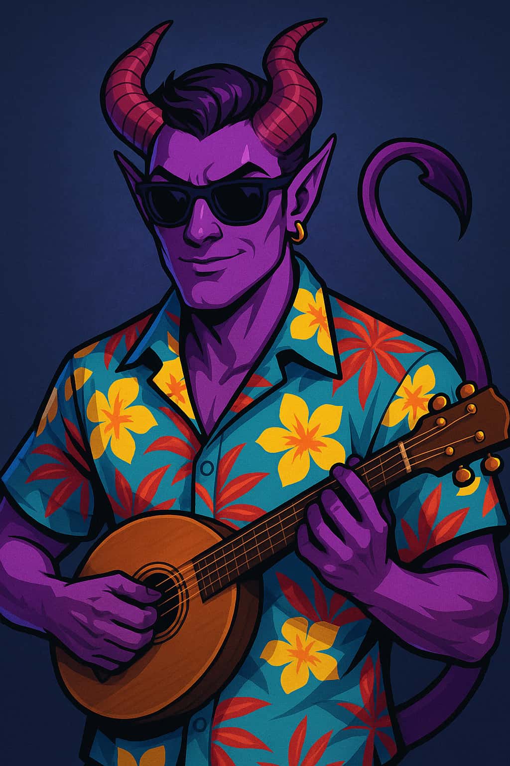Cool purple tiefling bard in a Hawaiian shirt playing a lute, smiling with sunglasses.