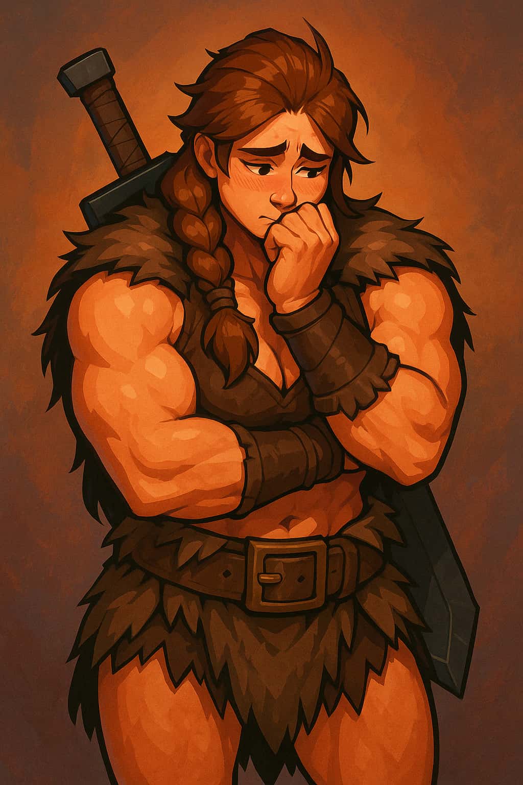 Shy muscular barbarian woman with braided hair and a giant sword, looking anxious.