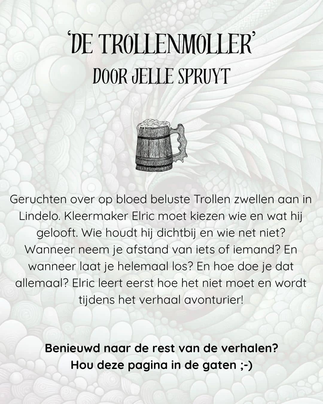 Promotional story card for De Trollenmoller by Jelle Spruyt, introducing Elric the tailor and the rumours of bloodthirsty Trolls in Lindelo.